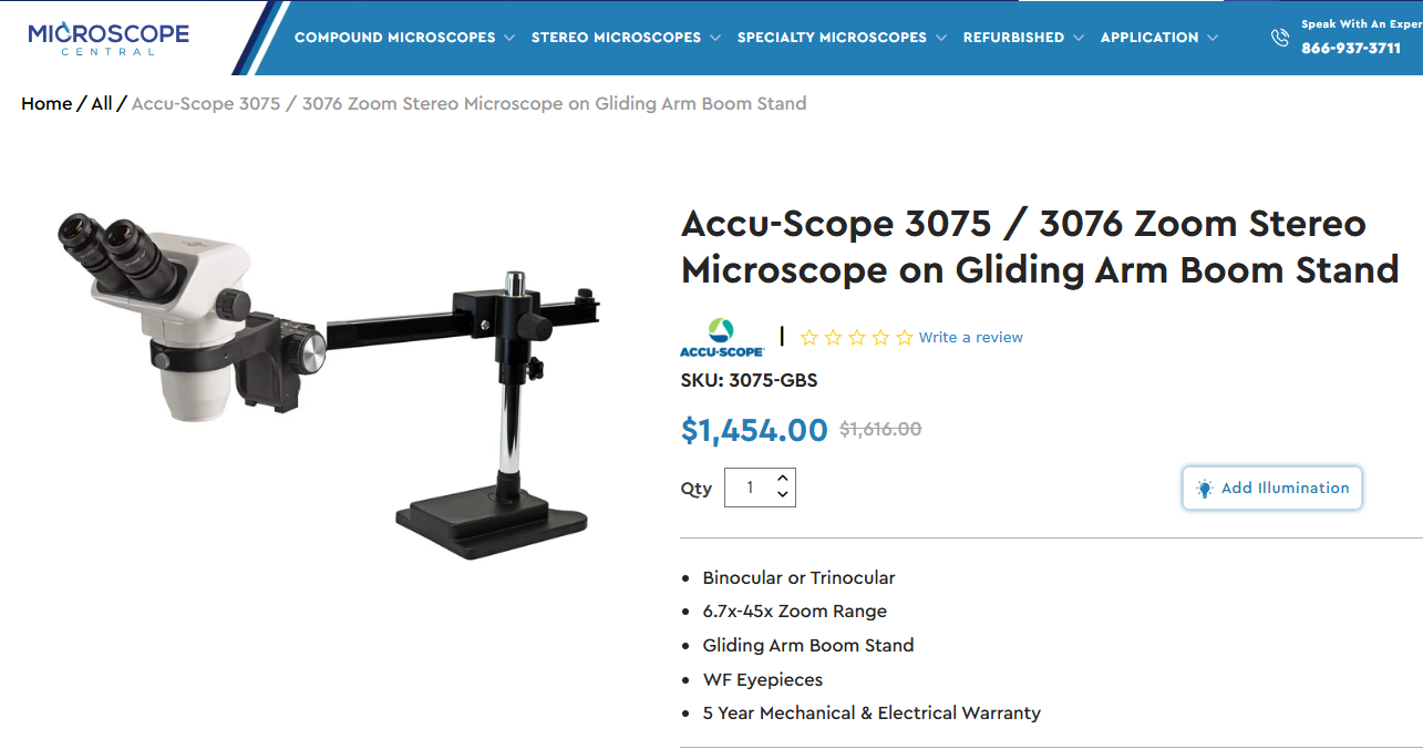 Accu-Scope 3075 Zoom Stereo Microscope on Gliding Arm Boom Stand