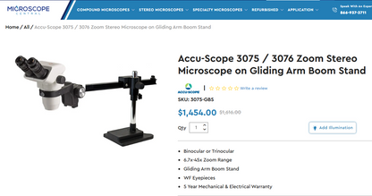 Accu-Scope 3075 Zoom Stereo Microscope on Gliding Arm Boom Stand